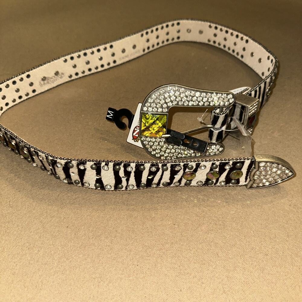 Nocona MediumZebra Cross Leather Hair Calf Crystal Black Western Belt